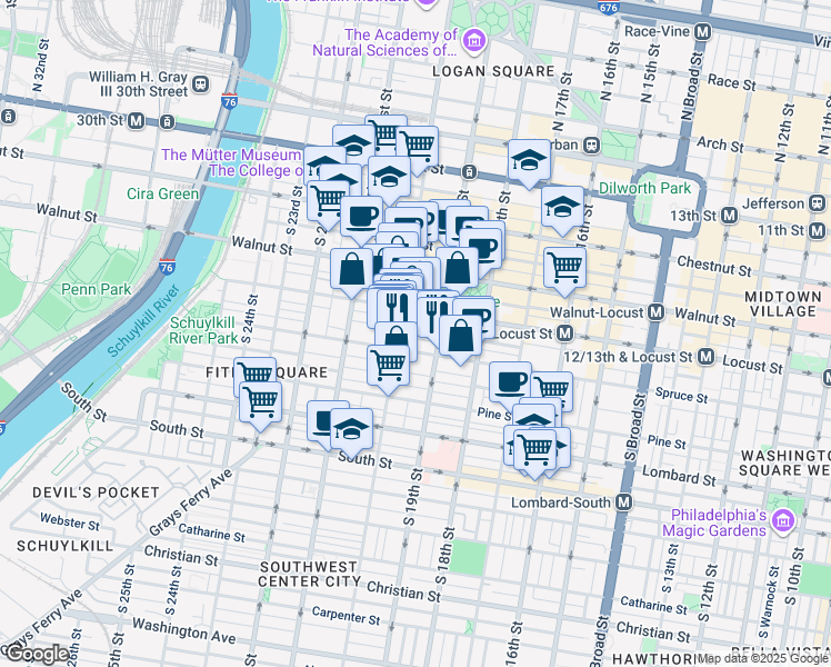 map of restaurants, bars, coffee shops, grocery stores, and more near 1925 Manning Street in Philadelphia