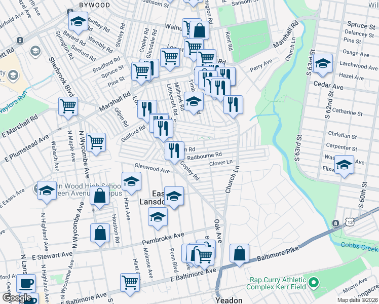 map of restaurants, bars, coffee shops, grocery stores, and more near 7172 Radbourne Road in Delaware County