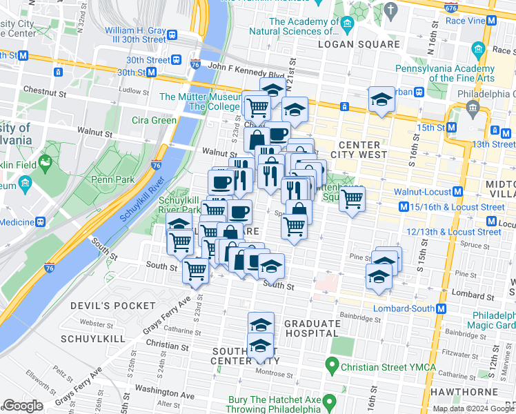 map of restaurants, bars, coffee shops, grocery stores, and more near 2115 Spruce Street in Philadelphia