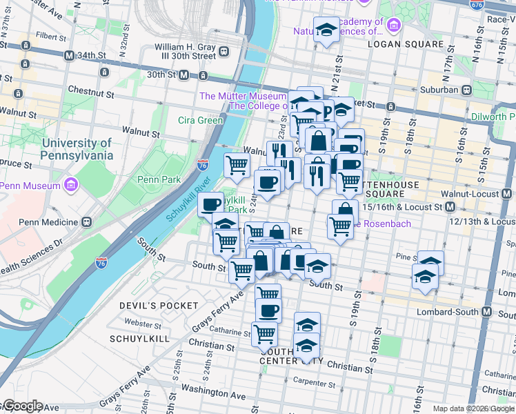 map of restaurants, bars, coffee shops, grocery stores, and more near in Philadelphia