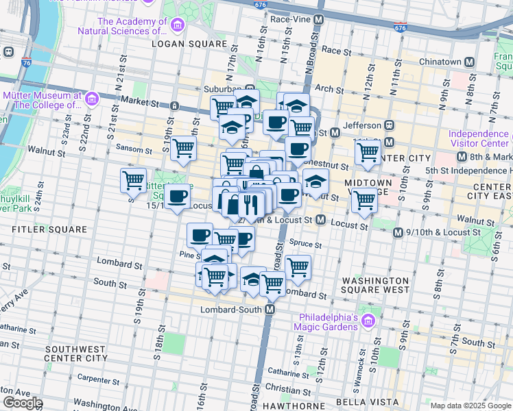 map of restaurants, bars, coffee shops, grocery stores, and more near 1501 Locust Street in Philadelphia