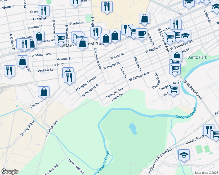 map of restaurants, bars, coffee shops, grocery stores, and more near 1419 West College Avenue in York