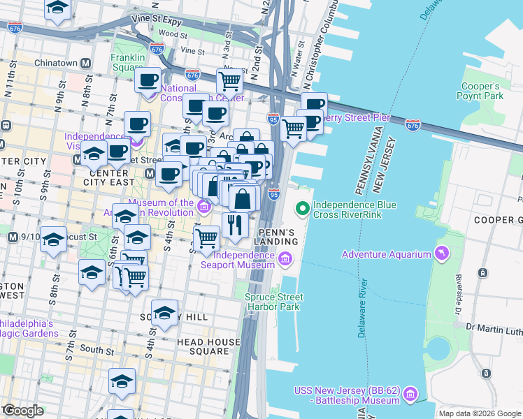 map of restaurants, bars, coffee shops, grocery stores, and more near 35 North Front Street in Philadelphia