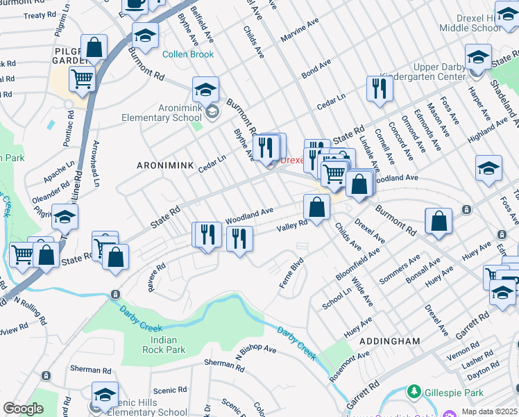 map of restaurants, bars, coffee shops, grocery stores, and more near 4639 Woodland Avenue in Upper Darby