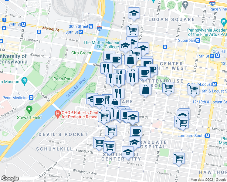 map of restaurants, bars, coffee shops, grocery stores, and more near 2226 Spruce Street in Philadelphia
