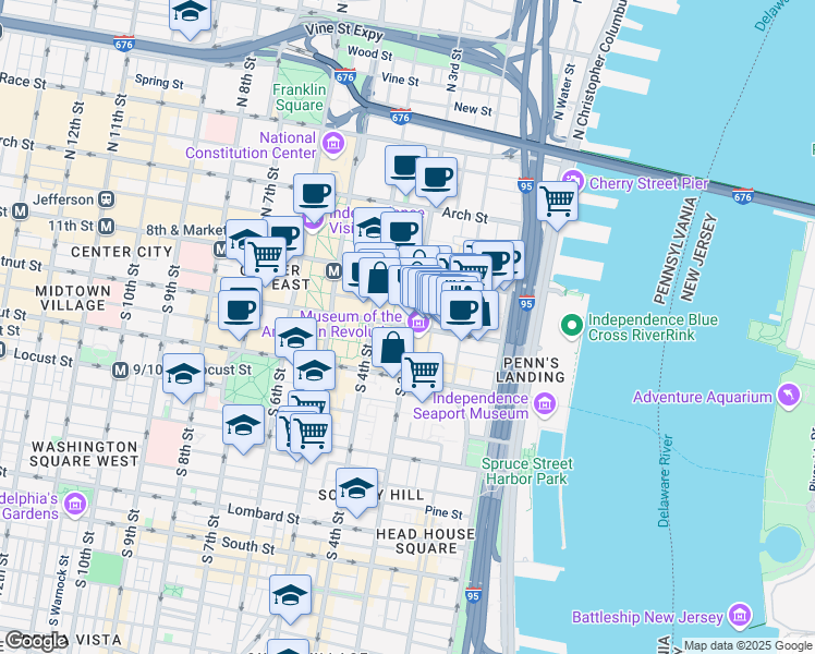 map of restaurants, bars, coffee shops, grocery stores, and more near 310 Chestnut Street in Philadelphia