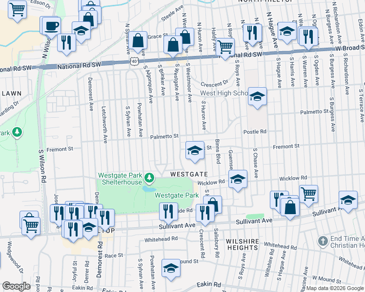 map of restaurants, bars, coffee shops, grocery stores, and more near 3098 South Westgate Avenue in Columbus