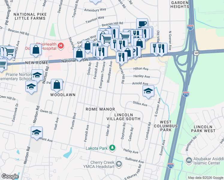 map of restaurants, bars, coffee shops, grocery stores, and more near 4843 Palmetto Street in Columbus