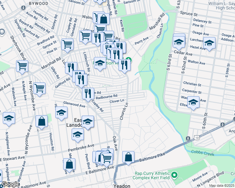 map of restaurants, bars, coffee shops, grocery stores, and more near 7039 Radbourne Road in Upper Darby