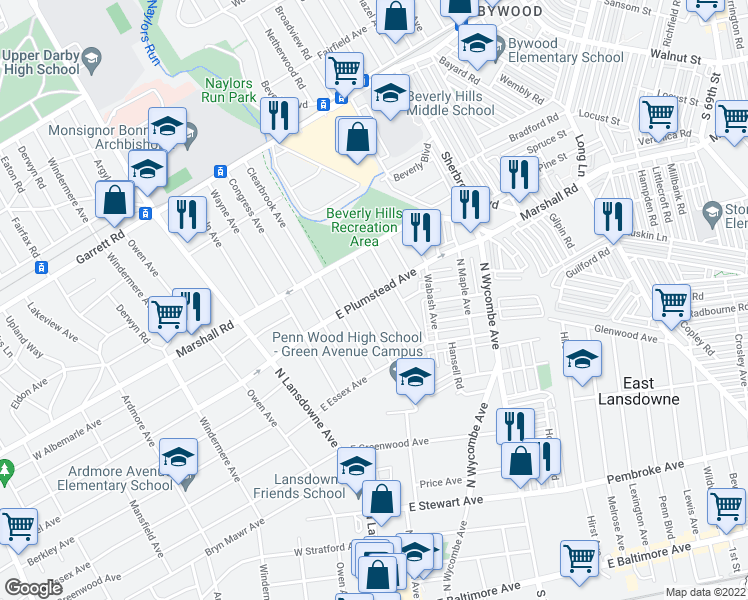 map of restaurants, bars, coffee shops, grocery stores, and more near 86 East Plumstead Avenue in Lansdowne