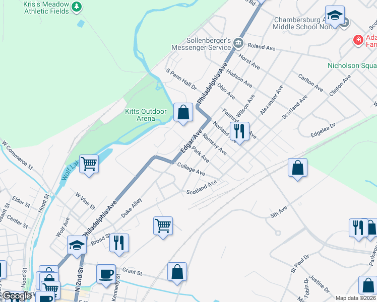 map of restaurants, bars, coffee shops, grocery stores, and more near 1034 Morrow Place in Chambersburg