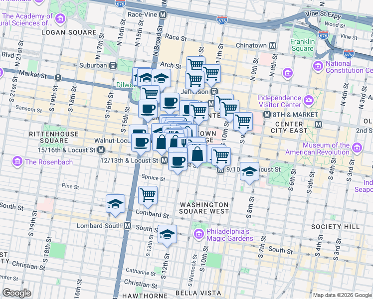 map of restaurants, bars, coffee shops, grocery stores, and more near 1111 Locust Street in Philadelphia