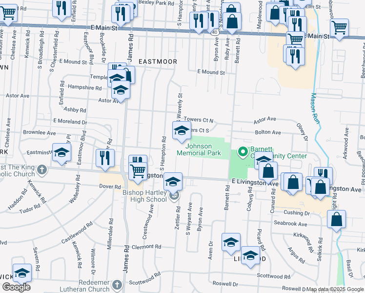 map of restaurants, bars, coffee shops, grocery stores, and more near 1130 South Waverly Street in Columbus
