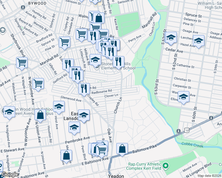 map of restaurants, bars, coffee shops, grocery stores, and more near 7061 Clover Lane in Delaware County
