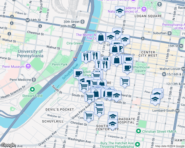 map of restaurants, bars, coffee shops, grocery stores, and more near 2402 Spruce Street in Philadelphia