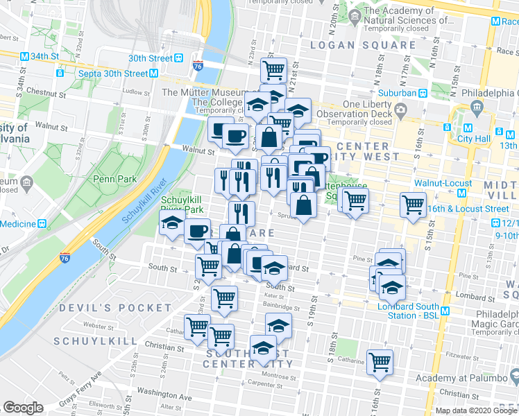map of restaurants, bars, coffee shops, grocery stores, and more near 2117 Spruce Street in Philadelphia