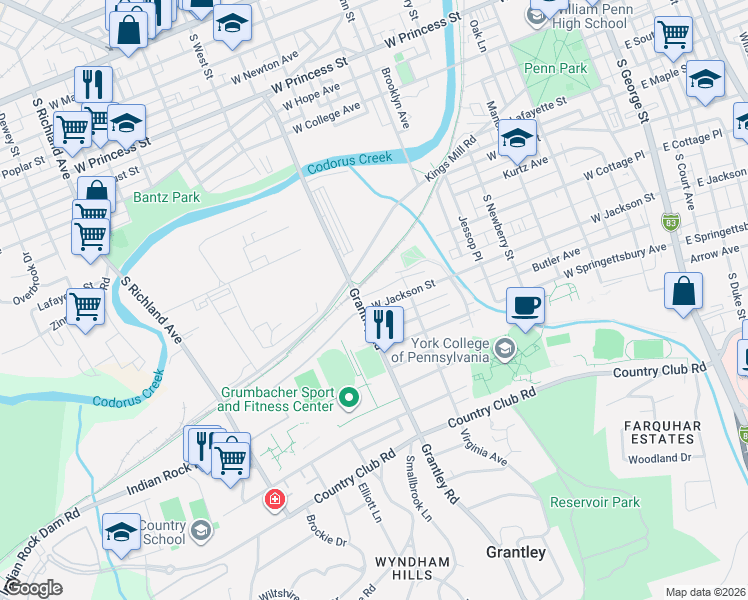 map of restaurants, bars, coffee shops, grocery stores, and more near 561 West Jackson Street in York