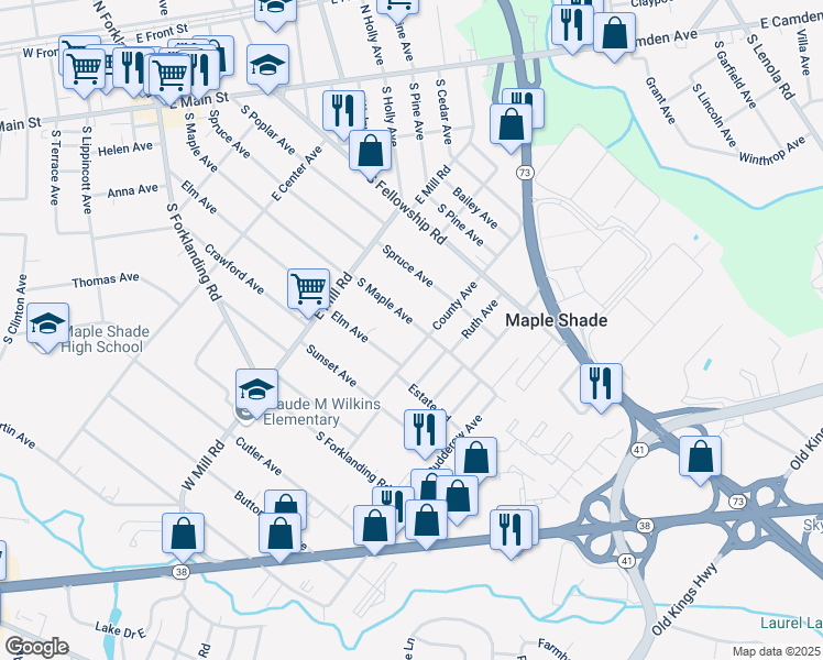 map of restaurants, bars, coffee shops, grocery stores, and more near 370 South Maple Avenue in Maple Shade