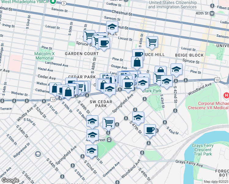 map of restaurants, bars, coffee shops, grocery stores, and more near 4612 Baltimore Avenue in Philadelphia