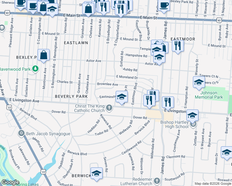 map of restaurants, bars, coffee shops, grocery stores, and more near 1090 Browning Avenue in Columbus