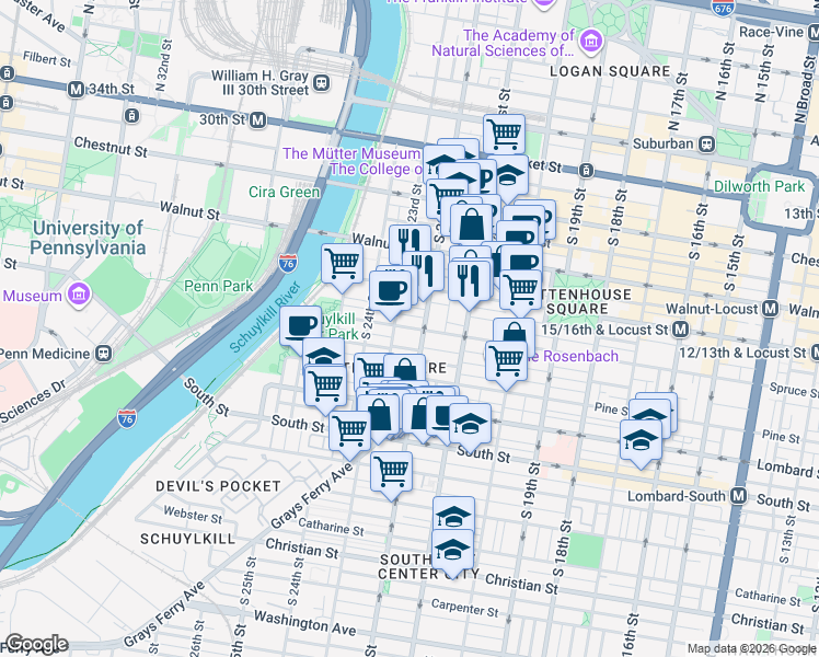 map of restaurants, bars, coffee shops, grocery stores, and more near in Philadelphia