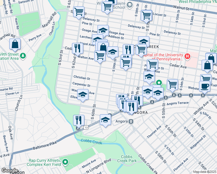 map of restaurants, bars, coffee shops, grocery stores, and more near 5907 Carpenter Street in Philadelphia