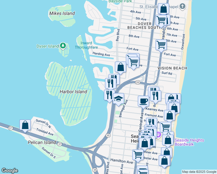 map of restaurants, bars, coffee shops, grocery stores, and more near 419 Bayside Terrace in Seaside Heights