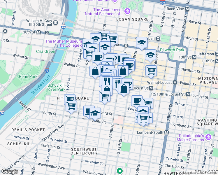 map of restaurants, bars, coffee shops, grocery stores, and more near 1928 Spruce Street in Philadelphia