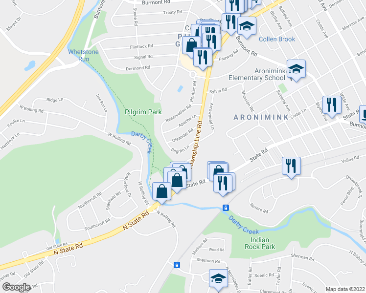 map of restaurants, bars, coffee shops, grocery stores, and more near 23 Pilgrim Lane in Upper Darby