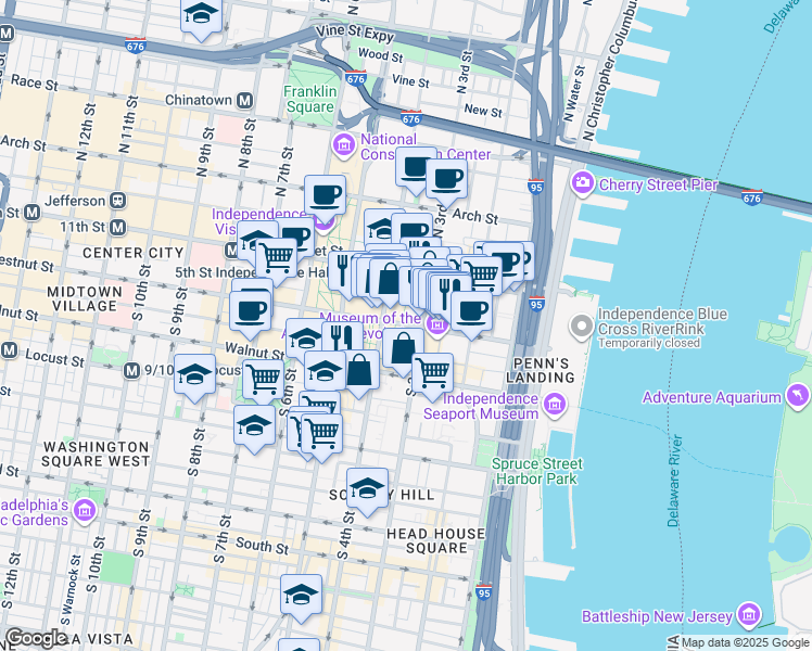 map of restaurants, bars, coffee shops, grocery stores, and more near 310 Chestnut Street in Philadelphia