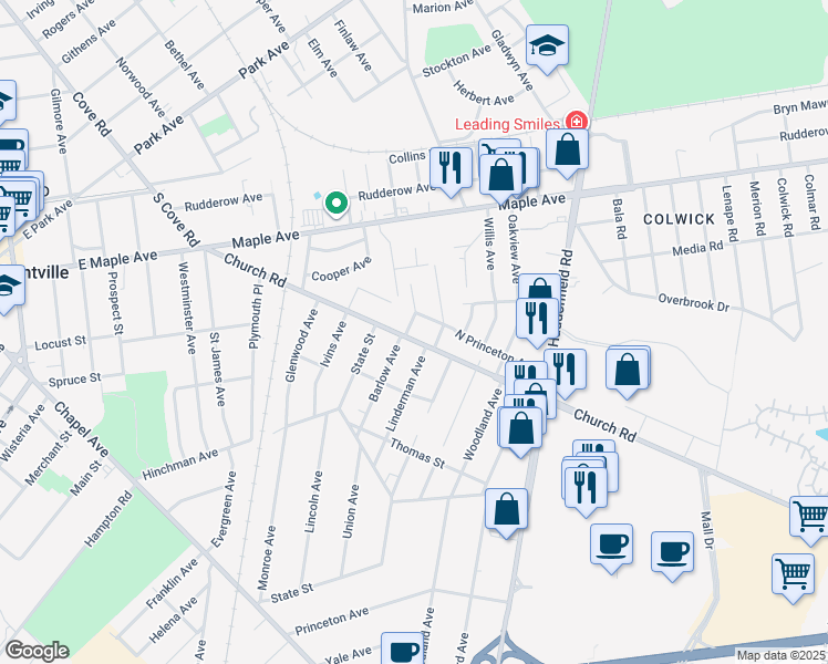 map of restaurants, bars, coffee shops, grocery stores, and more near 508 Church Road in Cherry Hill