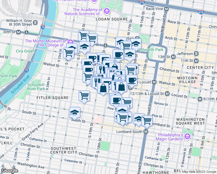 map of restaurants, bars, coffee shops, grocery stores, and more near 1800 Rittenhouse Square in Philadelphia