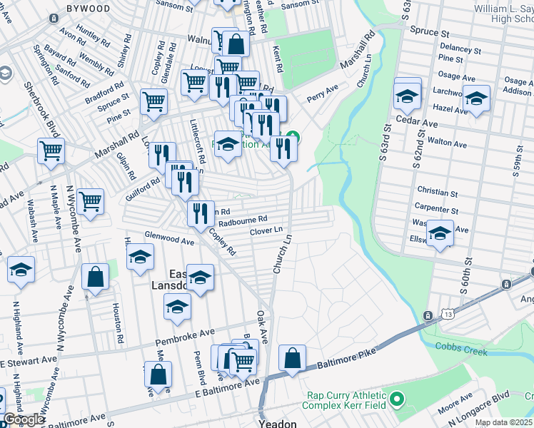 map of restaurants, bars, coffee shops, grocery stores, and more near 7039 Radbourne Road in Upper Darby