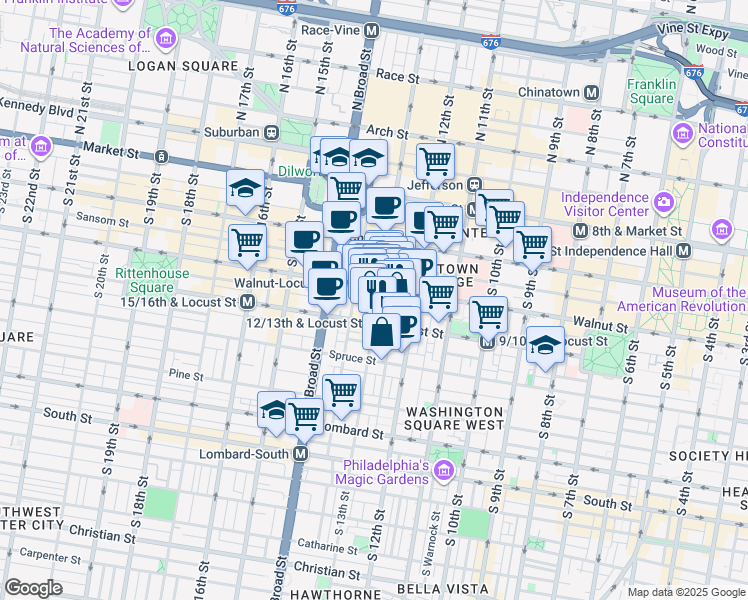 map of restaurants, bars, coffee shops, grocery stores, and more near 206 South 13th Street in Philadelphia