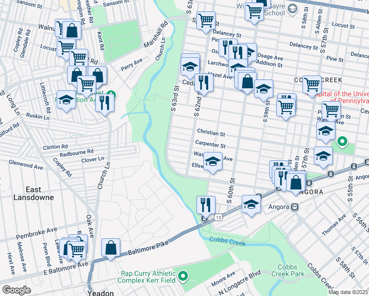 map of restaurants, bars, coffee shops, grocery stores, and more near 6211 Washington Avenue in Philadelphia