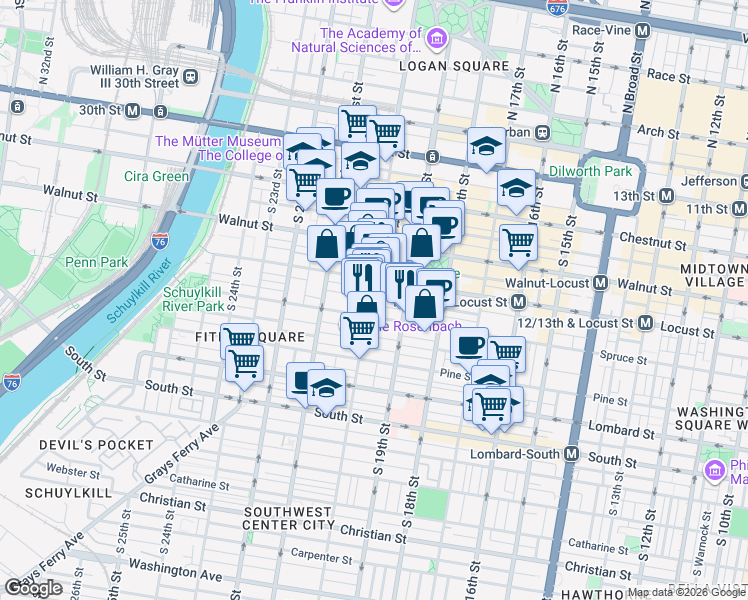 map of restaurants, bars, coffee shops, grocery stores, and more near 1928 Spruce Street in Philadelphia