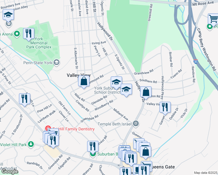 map of restaurants, bars, coffee shops, grocery stores, and more near 850 Southern Road in York