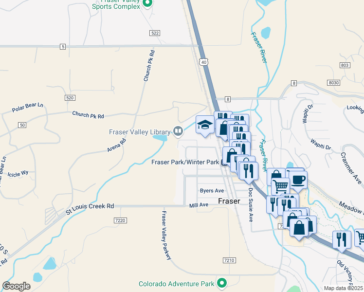 map of restaurants, bars, coffee shops, grocery stores, and more near 441 Muse Drive in Fraser