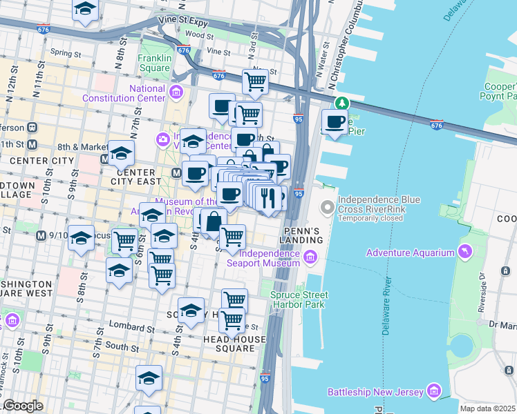 map of restaurants, bars, coffee shops, grocery stores, and more near 107 South 2nd Street in Philadelphia