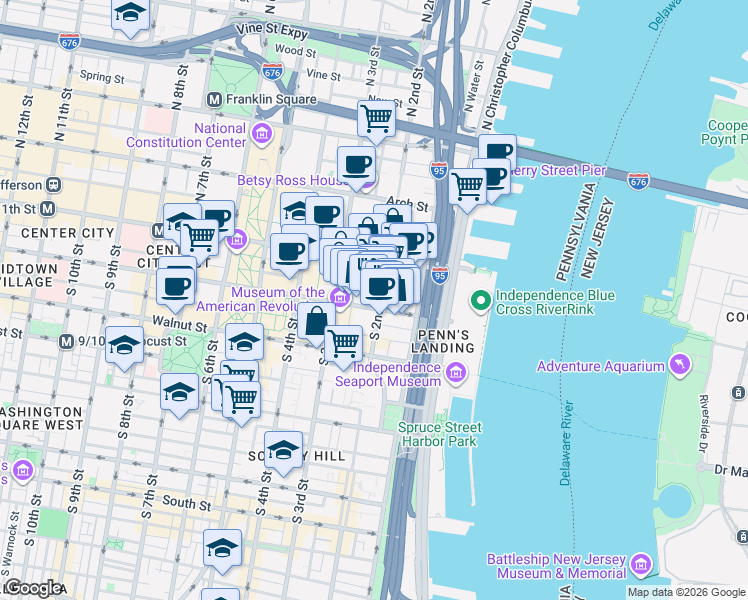 map of restaurants, bars, coffee shops, grocery stores, and more near 107 South 2nd Street in Philadelphia