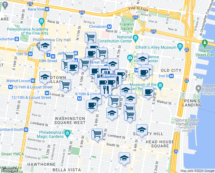 map of restaurants, bars, coffee shops, grocery stores, and more near 709 Walnut Street in Philadelphia