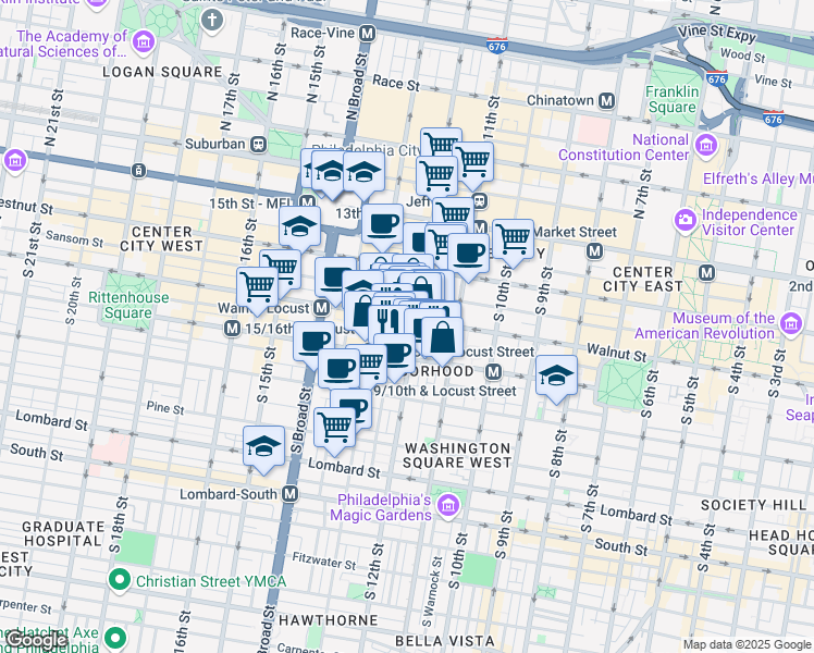 map of restaurants, bars, coffee shops, grocery stores, and more near 1111 Locust Street in Philadelphia