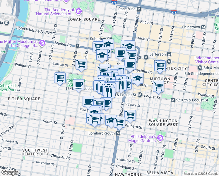 map of restaurants, bars, coffee shops, grocery stores, and more near 1500 Locust Street in Philadelphia