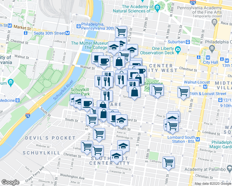 map of restaurants, bars, coffee shops, grocery stores, and more near in Philadelphia