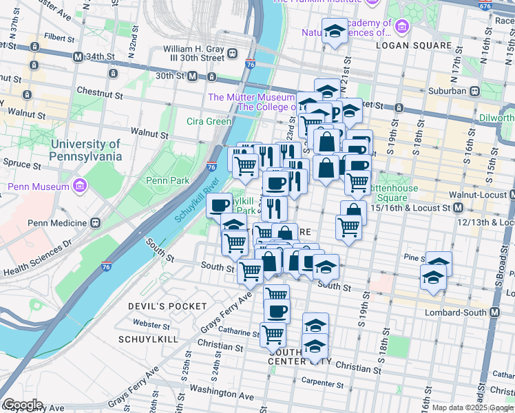 map of restaurants, bars, coffee shops, grocery stores, and more near in Philadelphia