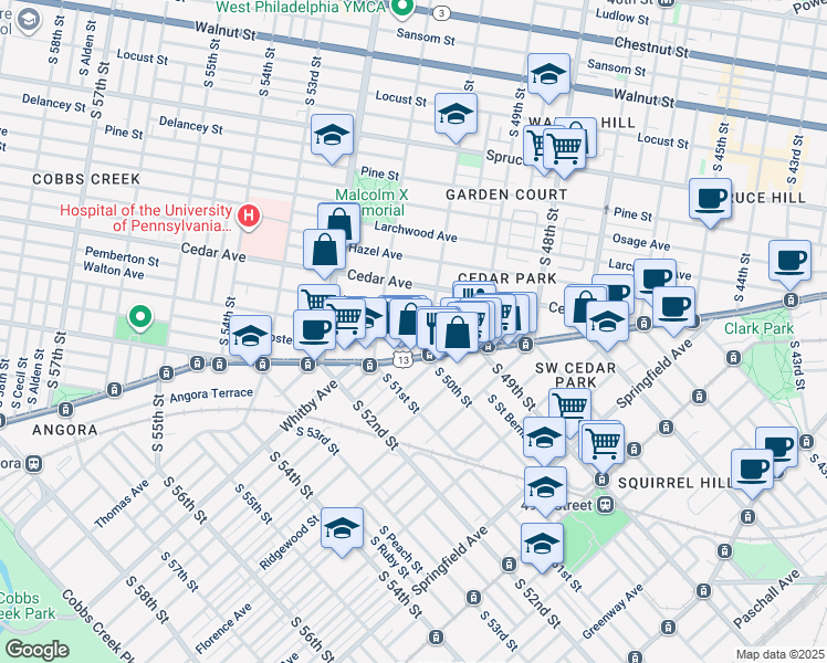 map of restaurants, bars, coffee shops, grocery stores, and more near 701 South 50th Street in Philadelphia