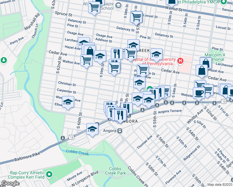 map of restaurants, bars, coffee shops, grocery stores, and more near 834 South Alden Street in Philadelphia
