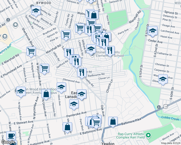 map of restaurants, bars, coffee shops, grocery stores, and more near 7127 Clover Lane in Delaware County