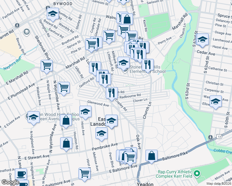 map of restaurants, bars, coffee shops, grocery stores, and more near 7172 Radbourne Road in Delaware County