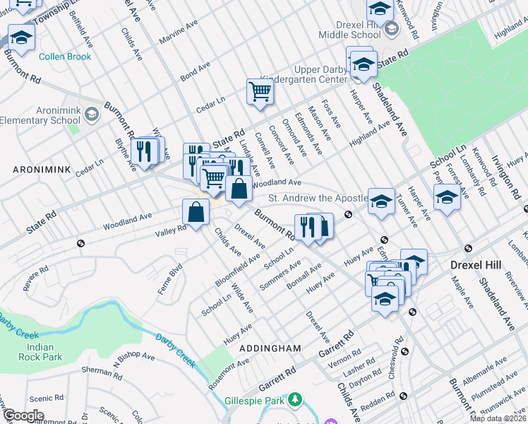 map of restaurants, bars, coffee shops, grocery stores, and more near 650 Burmont Road in Drexel Hill